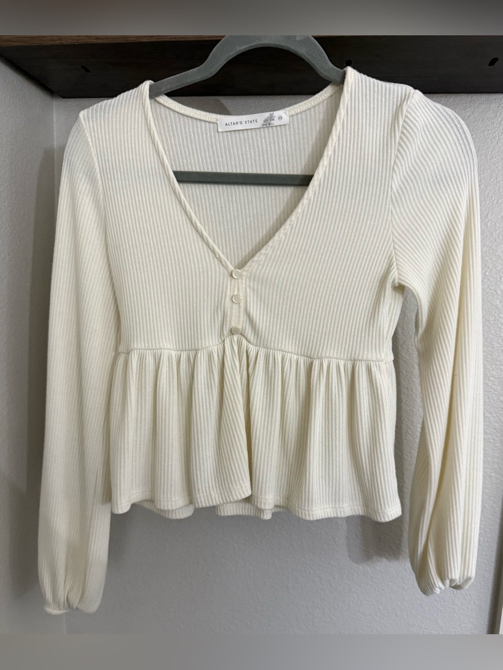 Altar'd State Cream Ribbed Peplum V-Neck Buttoned Top